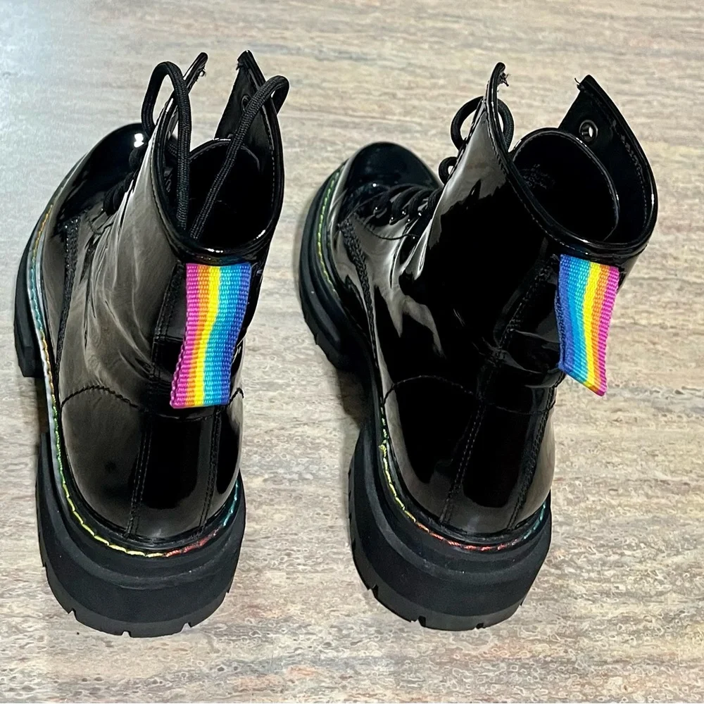 Kurt Geiger London Birdie black glossy combat boots with rainbow 🌈 stitching - Picture 2 of 16
